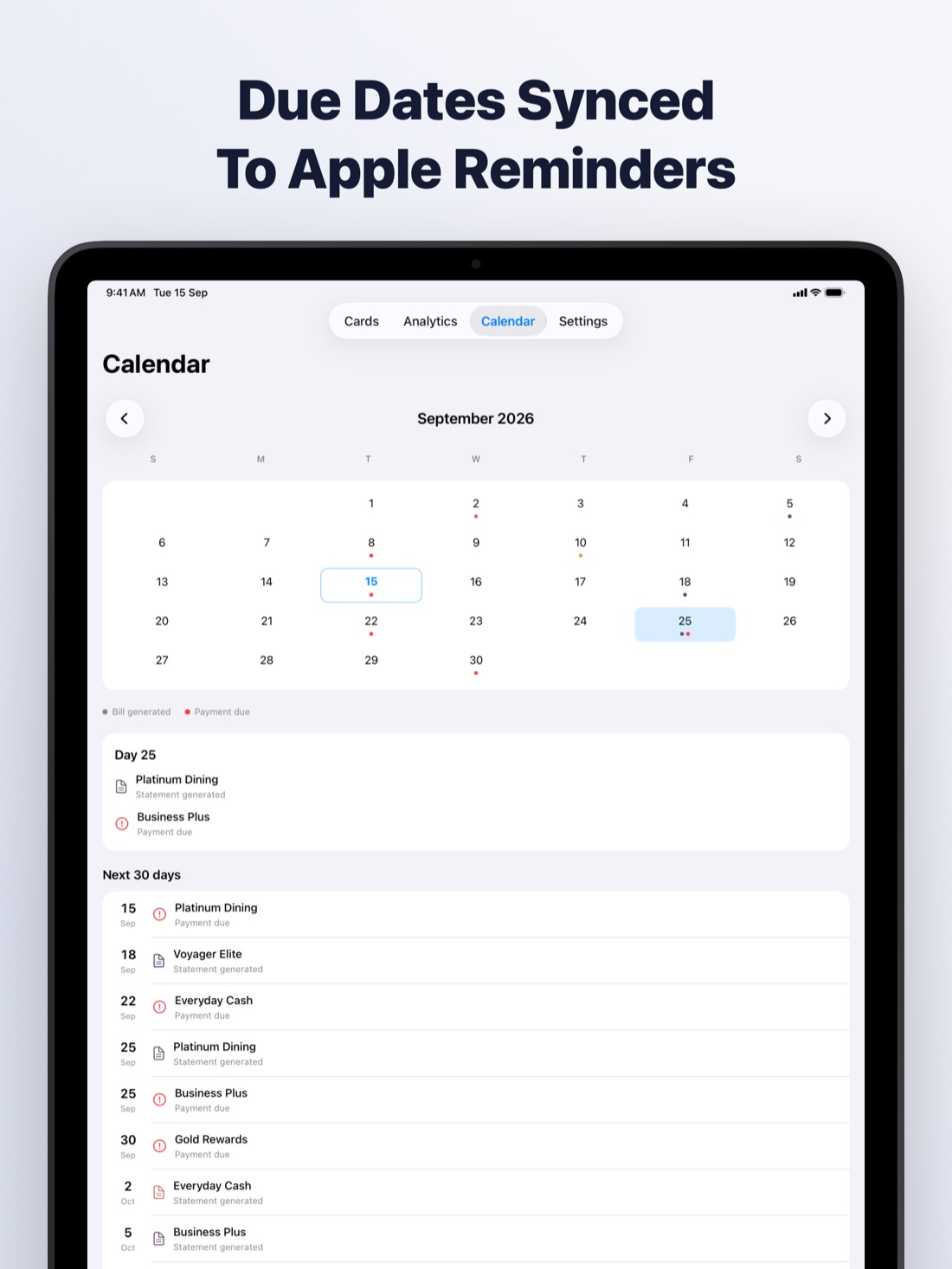 CardMax on iPad: Due dates synced to Apple Reminders