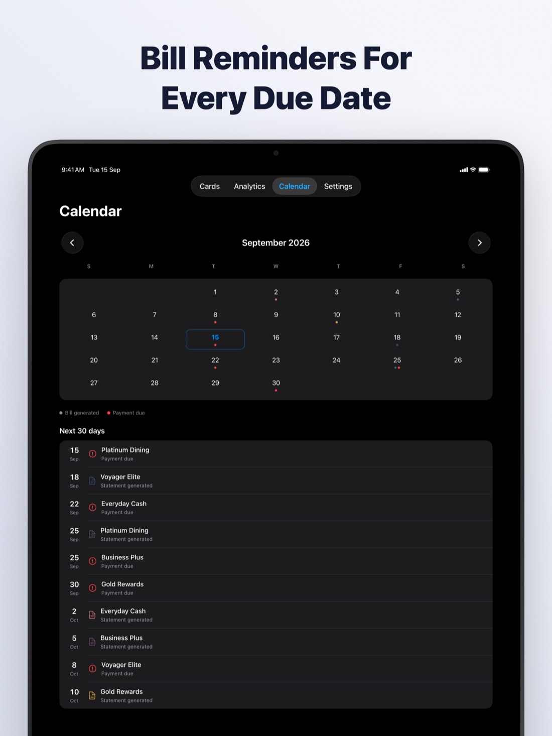 CardMax on iPad: Bill reminders for every due date