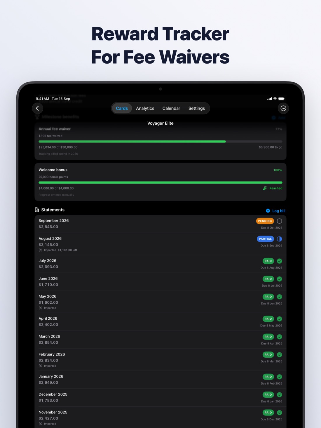 CardMax on iPad: Reward tracker for fee waivers