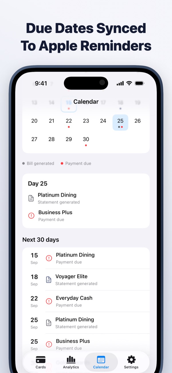 CardMax on iPhone: Due dates synced to Apple Reminders