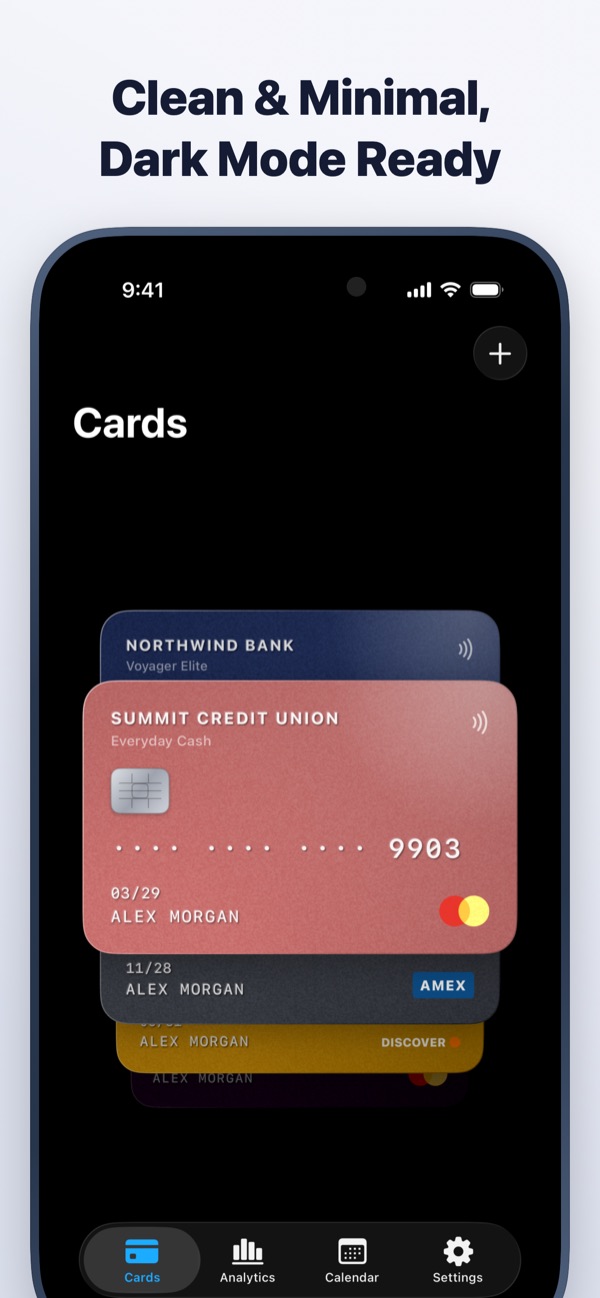 CardMax on iPhone: Clean and minimal, dark mode ready